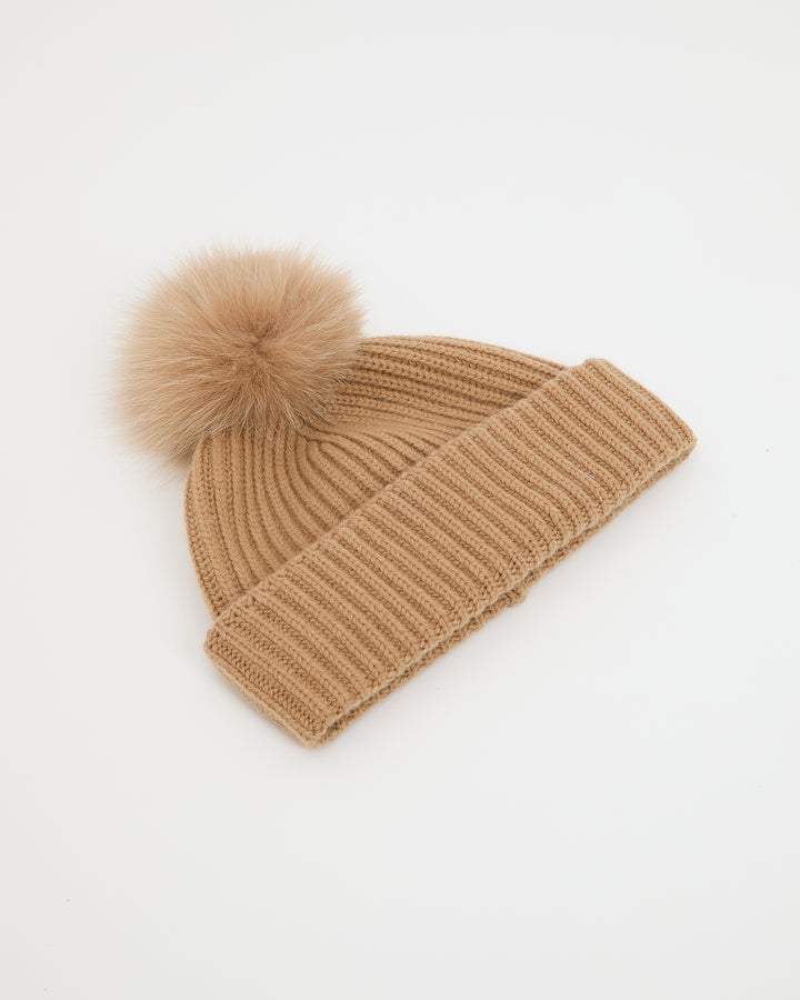100% cashmere knit beanie with fox fur pompom