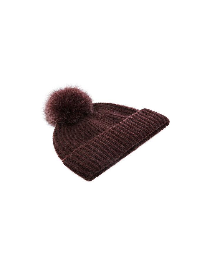 100% cashmere knit beanie with fox fur pompom