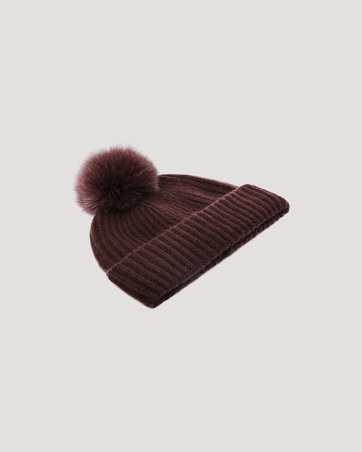 100% cashmere knit beanie with fox fur pompom