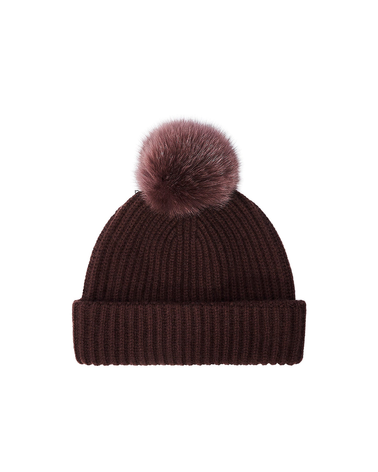 100% cashmere knit beanie with fox fur pompom