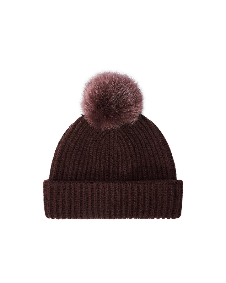 100% cashmere knit beanie with fox fur pompom