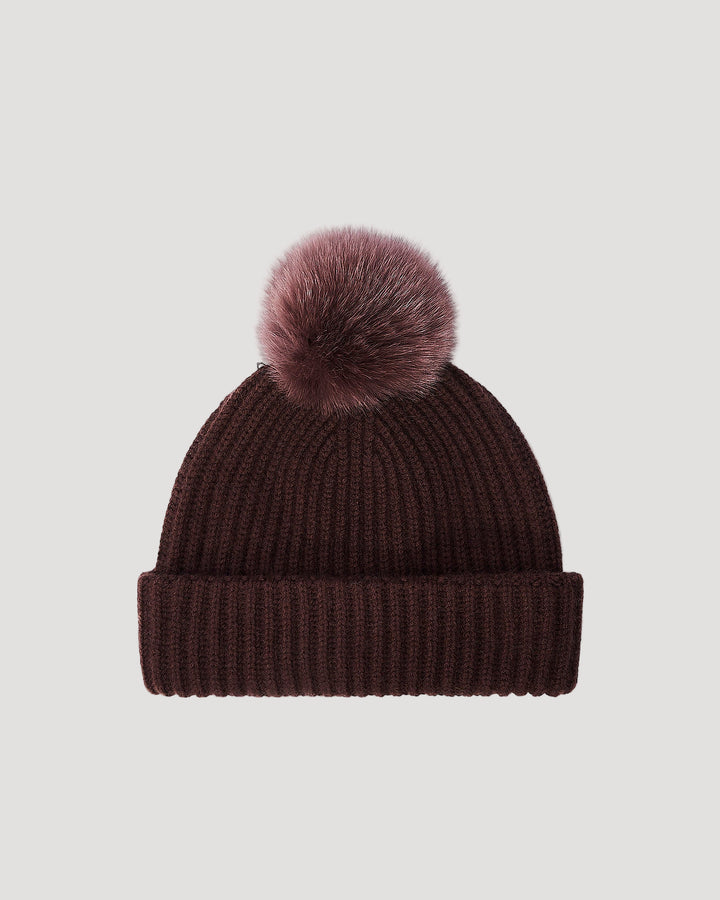100% cashmere knit beanie with fox fur pompom