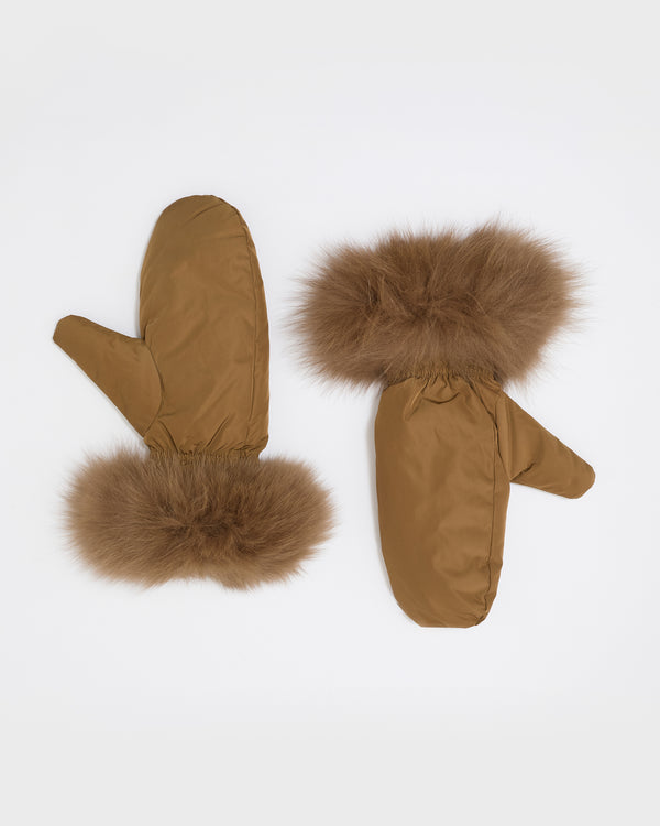 Technical fabric and fox fur mittens - camel - Yves Salomon