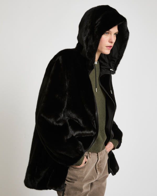 Reversible long parka in fabric and mink - black - Yves Salomon