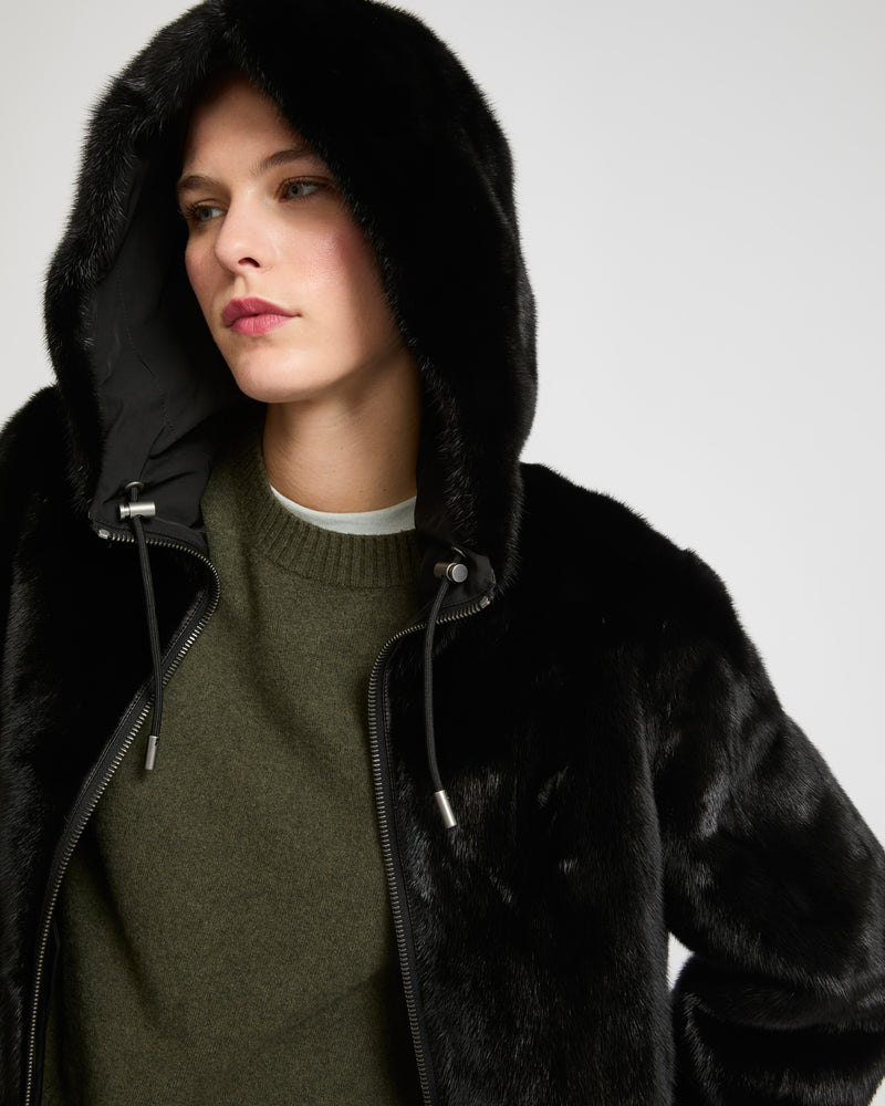 Reversible long parka in fabric and mink - black - Yves Salomon