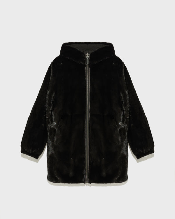 Reversible long parka in technical fabric and mink fur