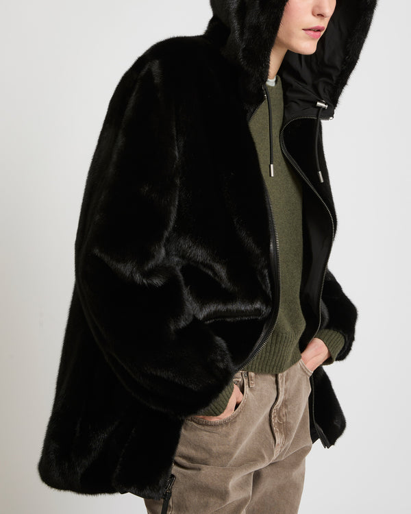 Reversible long parka in technical fabric and mink fur