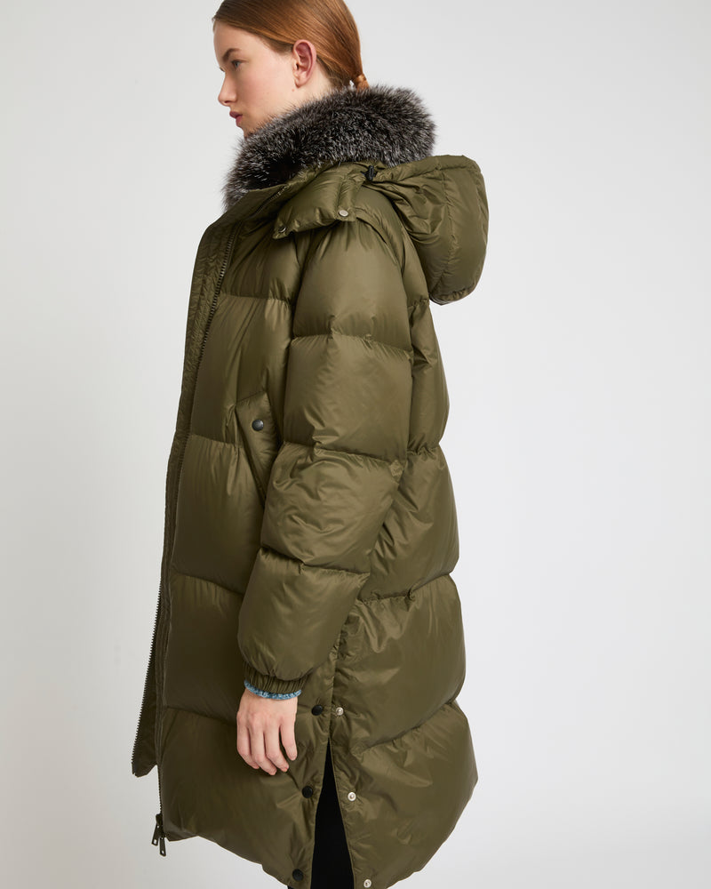 7/8 length down jacket with fox fur collar - khaki green - Yves Salomon