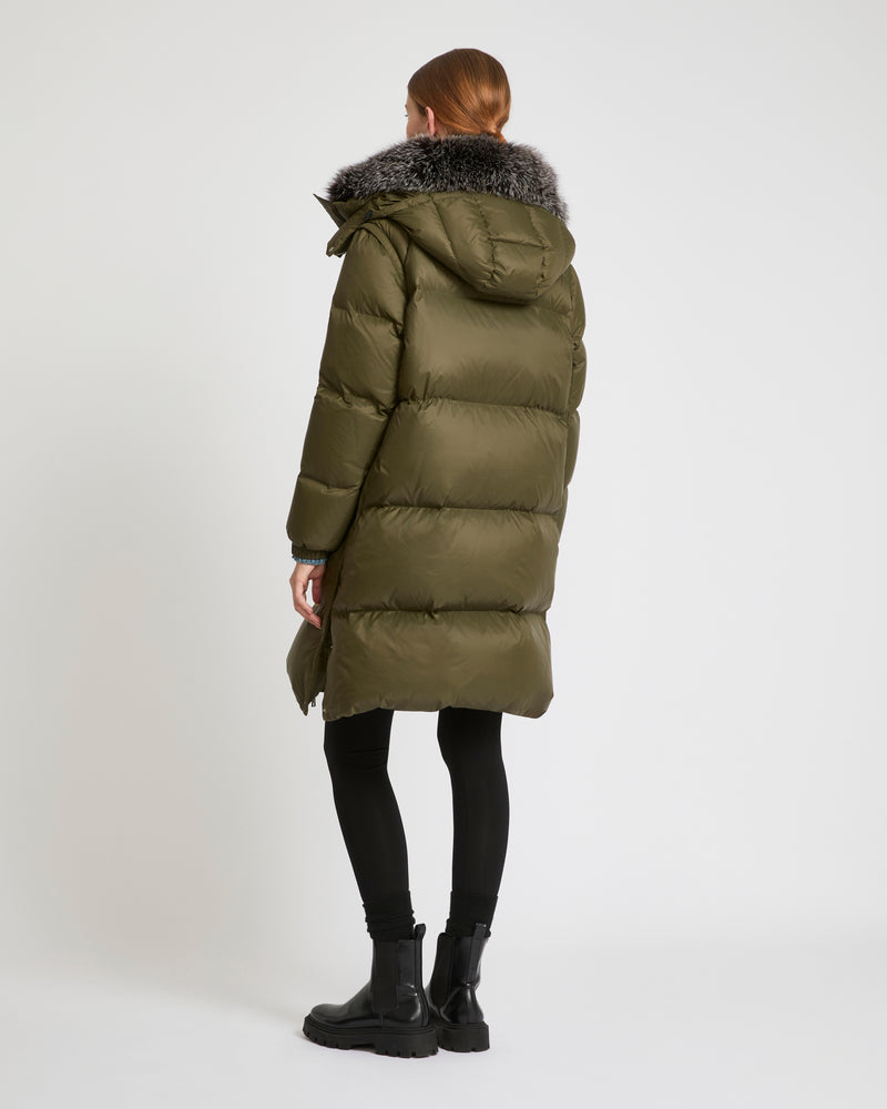 7/8 length down jacket with fox fur collar - khaki green - Yves Salomon