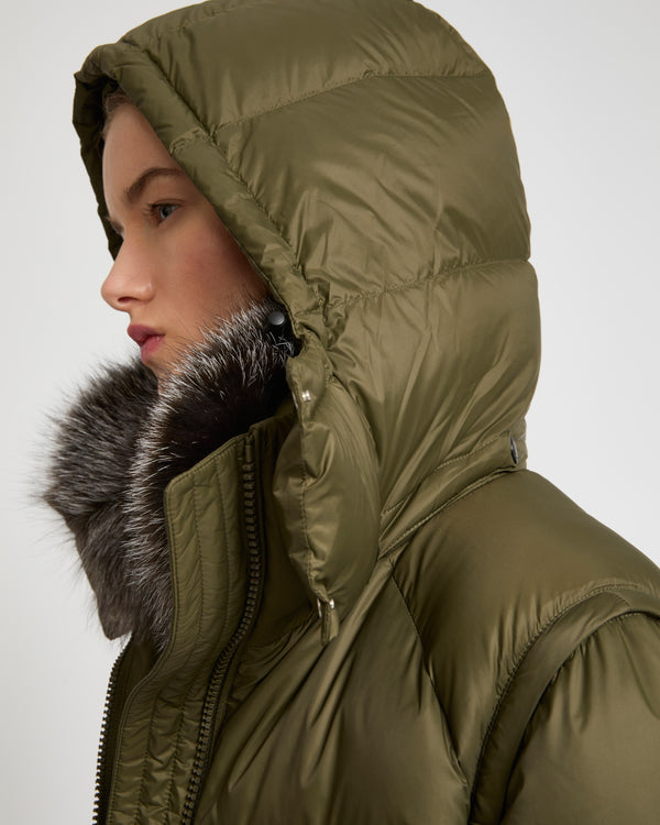 7/8 length down jacket with fox fur collar - khaki green - Yves Salomon