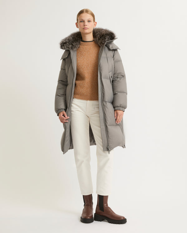 7/8 length down jacket with fox fur collar - grey - Yves Salomon