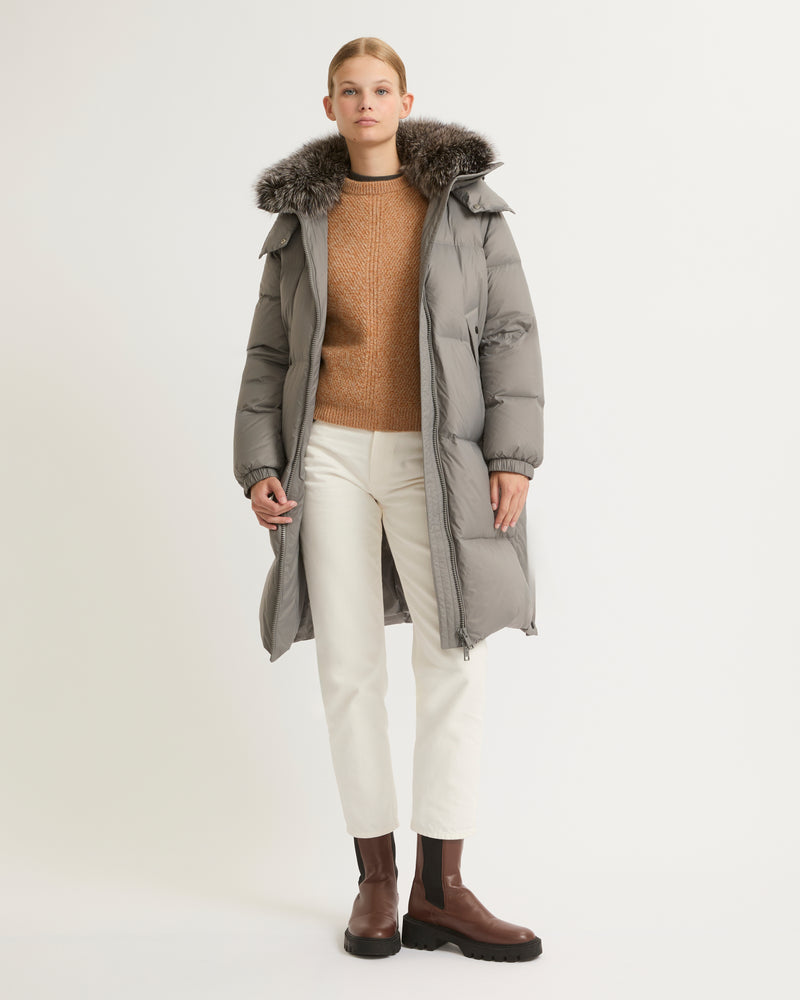 7/8 length down jacket with fox fur collar - grey - Yves Salomon