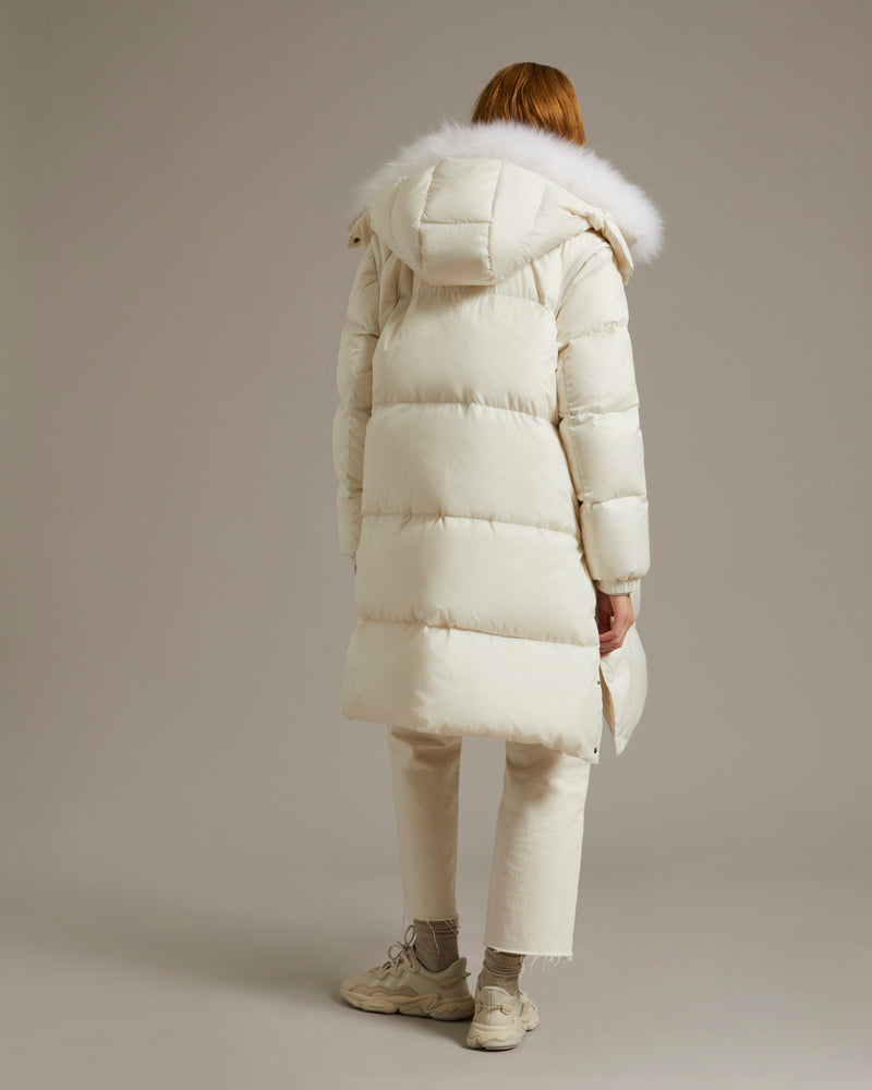 Long down jacket in water-repellent technical fabric with collar trim in fluffy lambswool - white - Yves Salomon