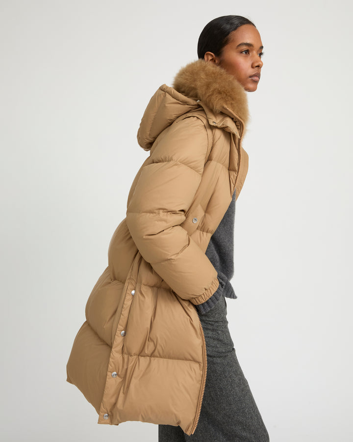 7/8 Long down jacket in water-repellent technical fabric with collar trim in fluffy lambswool