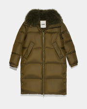 Long down jacket in water-repellent technical fabric with collar trim in fluffy lambswool