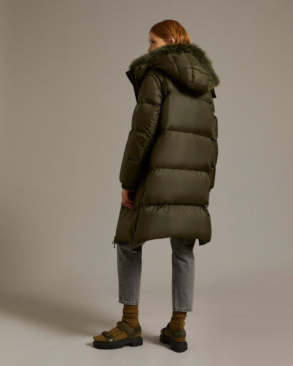 Long down jacket in water-repellent technical fabric with collar trim in fluffy lambswool - khaki - Yves Salomon