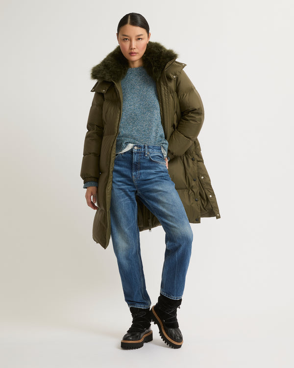 Long down jacket in water-repellent technical fabric with collar trim in fluffy lambswool - khaki green - Yves Salomon