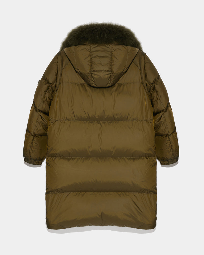 Long down jacket in water-repellent technical fabric with collar