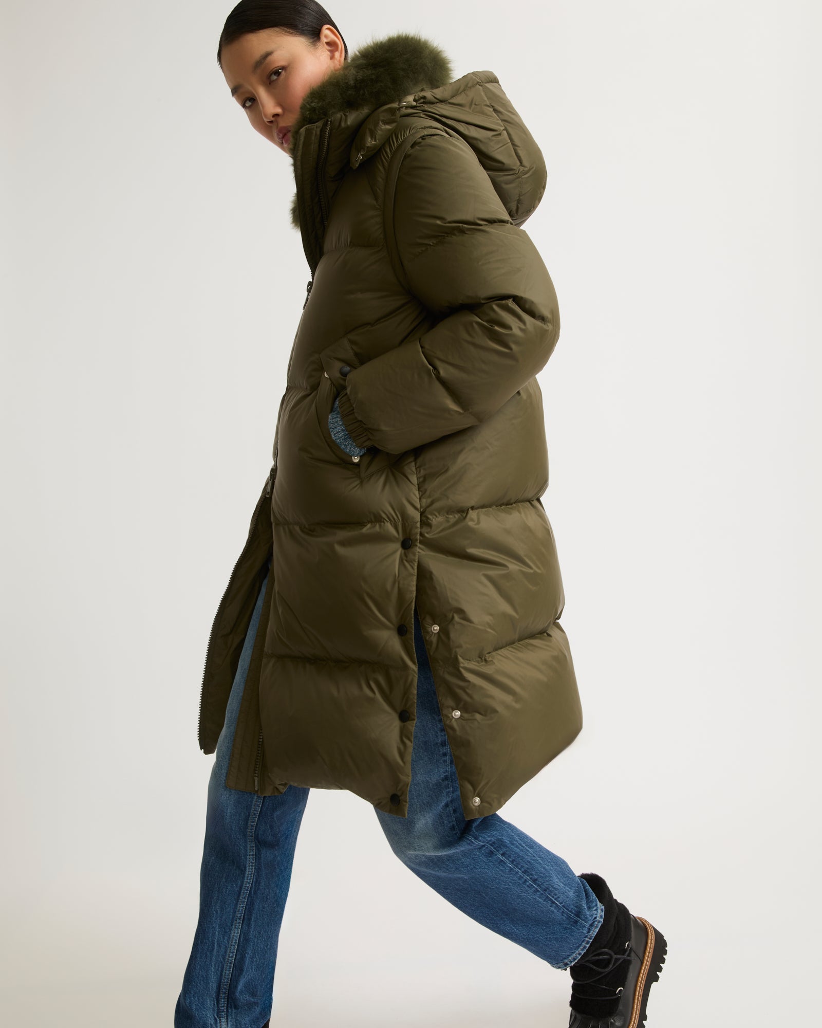 Long down jacket in water-repellent technical fabric with collar trim in  fluffy lambswool