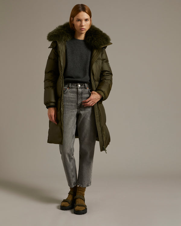 Long down jacket in water-repellent technical fabric with collar trim in fluffy lambswool