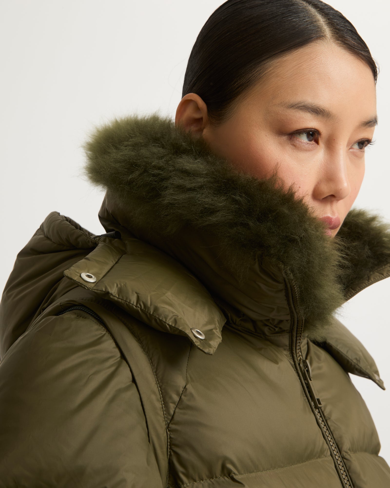 Long down jacket in water-repellent technical fabric with collar trim in  fluffy lambswool