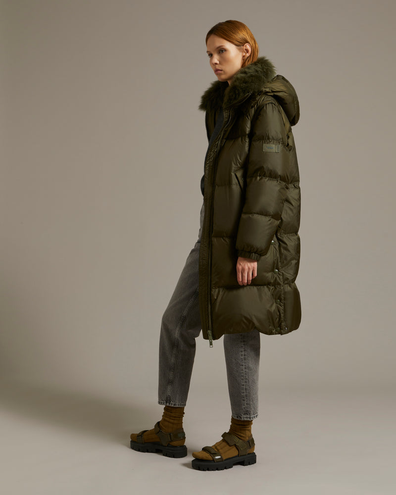 Long down jacket in water-repellent technical fabric with collar trim ...
