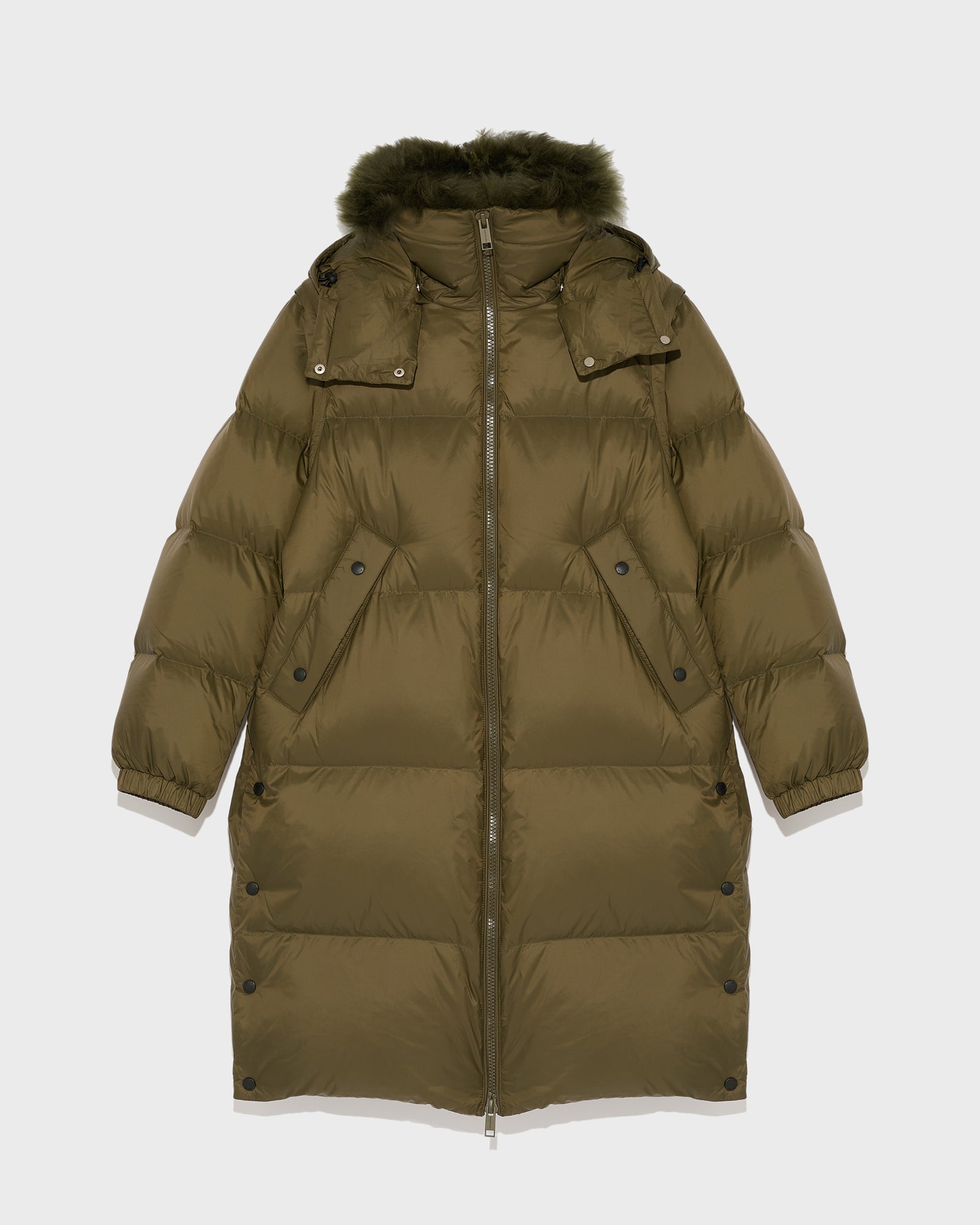 Long down jacket in water-repellent technical fabric with collar trim in  fluffy lambswool