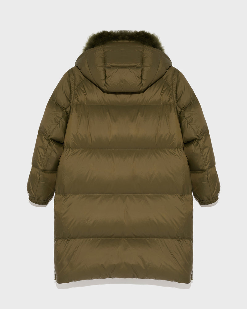 Long down jacket in water-repellent technical fabric with collar trim in  fluffy lambswool