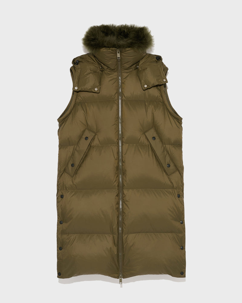 Long down jacket in water-repellent technical fabric with collar trim in fluffy lambswool - khaki green - Yves Salomon