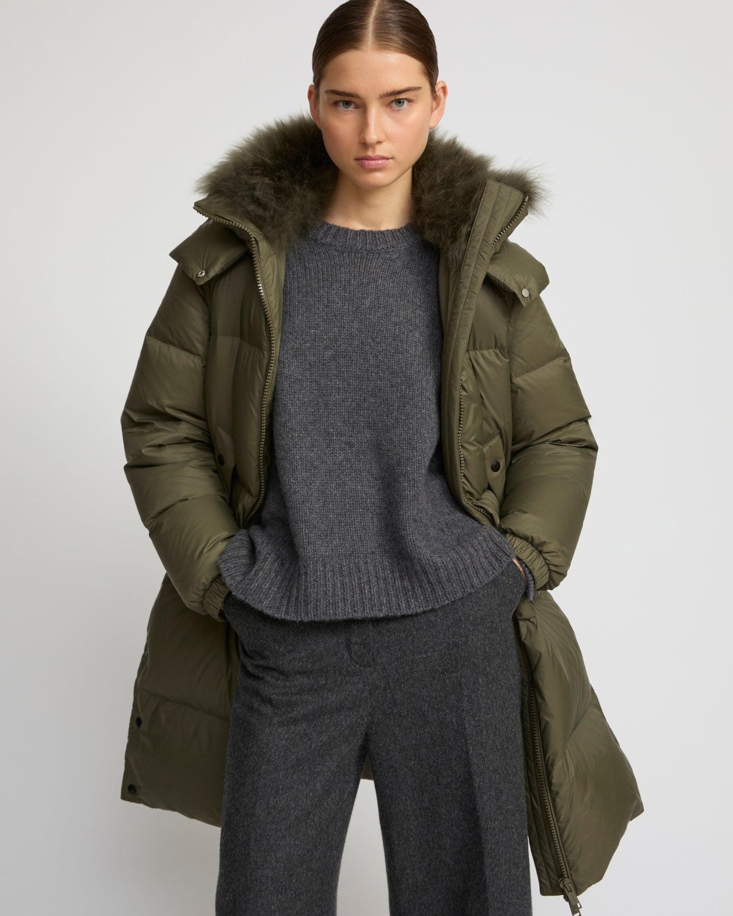 7/8 Long down jacket in water-repellent technical fabric with collar trim in fluffy lambswool - Yves Salomon