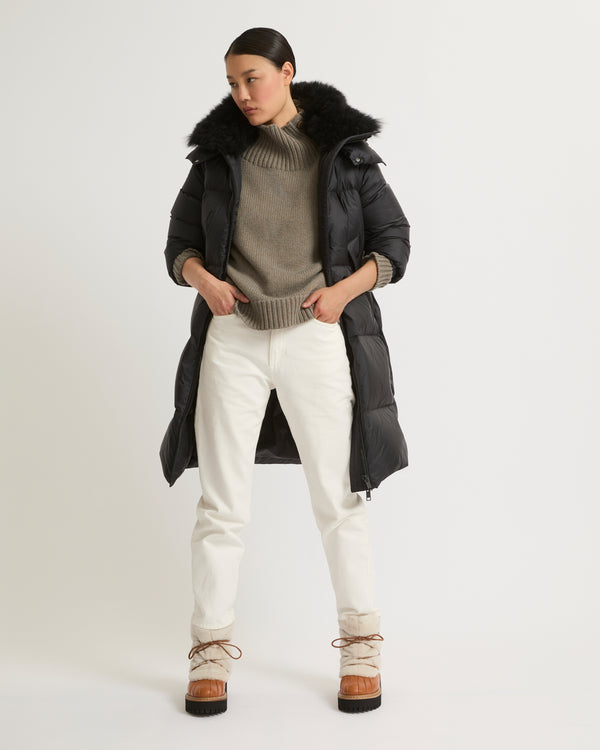 Long down jacket in water-repellent technical fabric with collar trim in fluffy lambswool - black - Yves Salomon