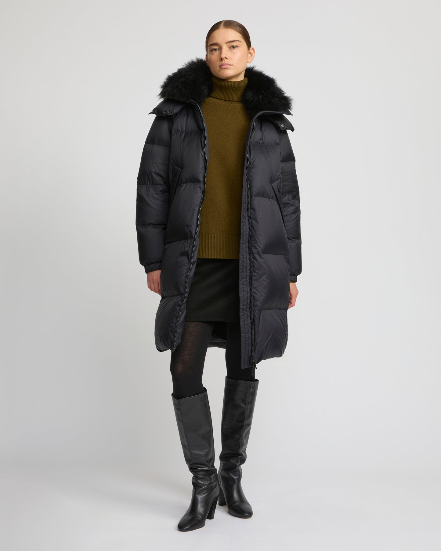 7/8 Long down jacket in water-repellent technical fabric with collar trim in fluffy lambswool - Yves Salomon