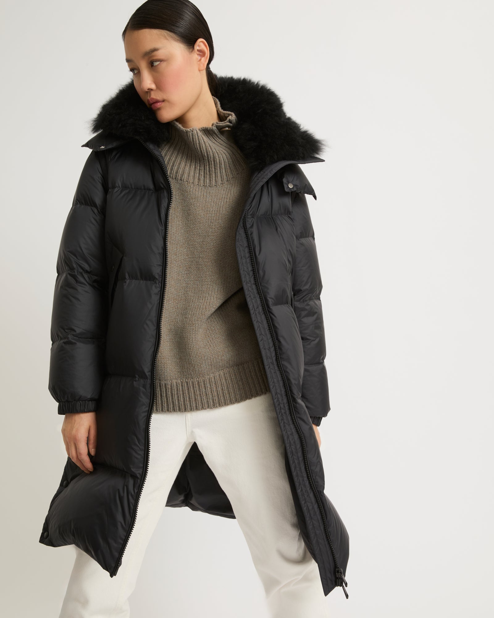 Long down jacket in water-repellent technical fabric with collar trim in  fluffy lambswool