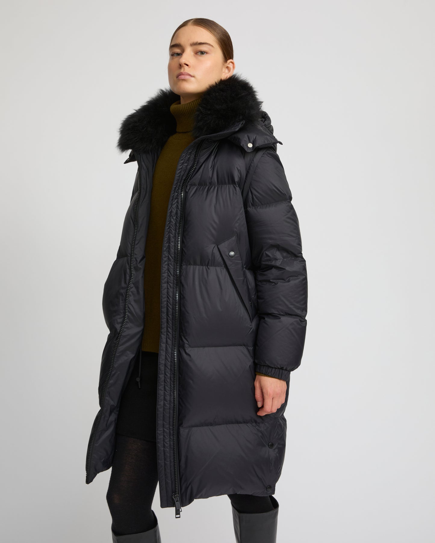 7/8 Long down jacket in water-repellent technical fabric with collar trim in fluffy lambswool - Yves Salomon