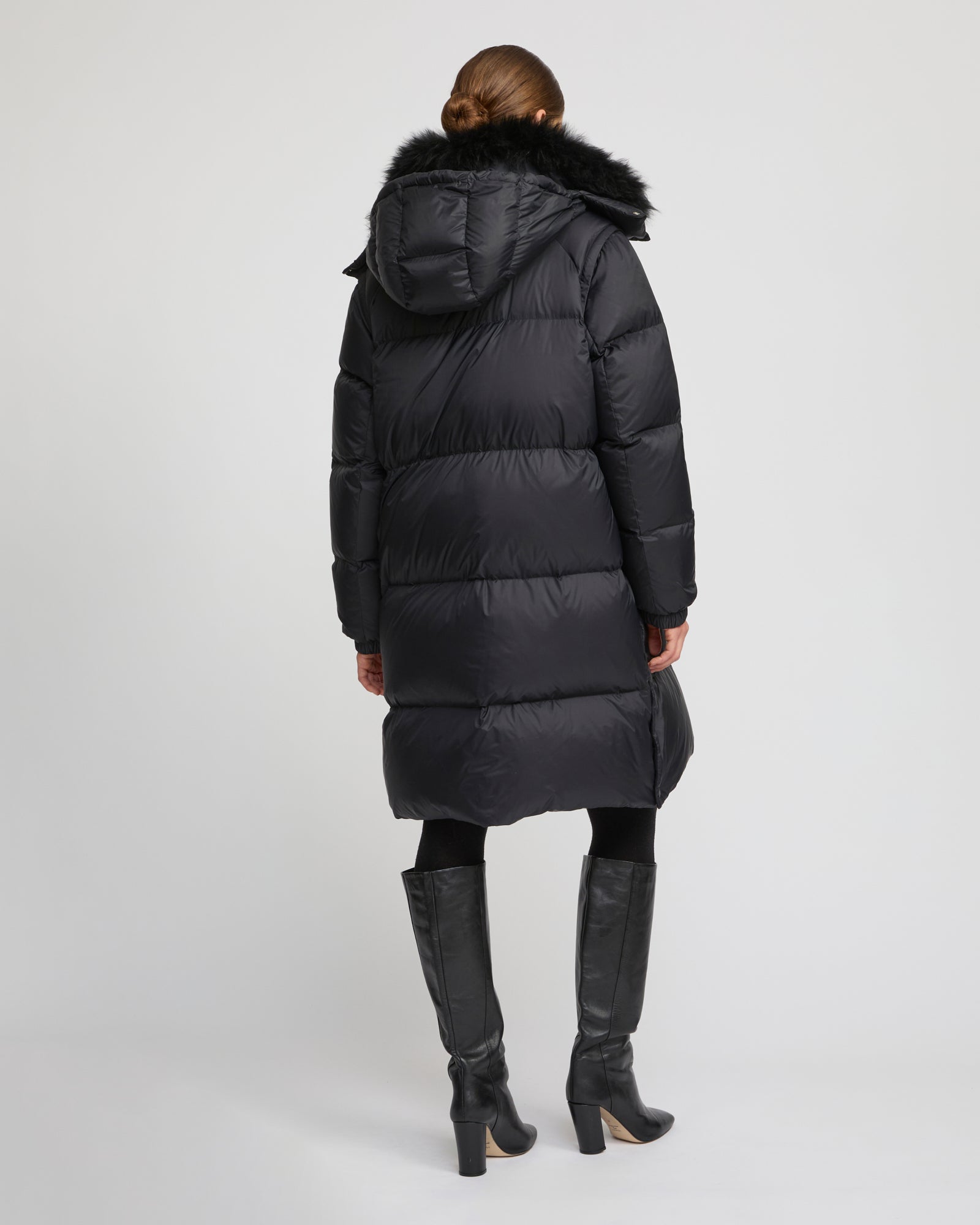 7/8 Long down jacket in water-repellent technical fabric with collar trim in fluffy lambswool - Yves Salomon