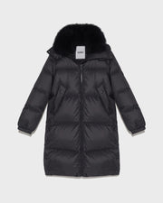 Long down jacket in water-repellent technical fabric with collar trim in fluffy lambswool