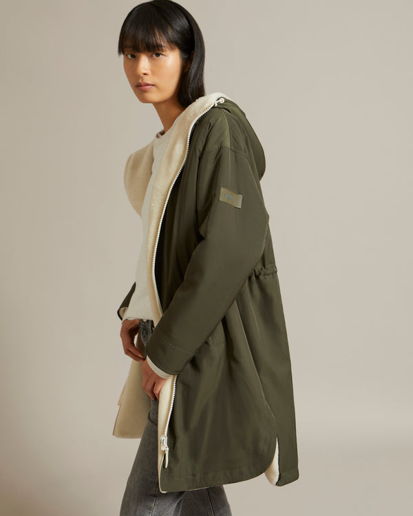 Reversible parka in water-repellent technical fabric and shearling - white/khaki - Yves Salomon