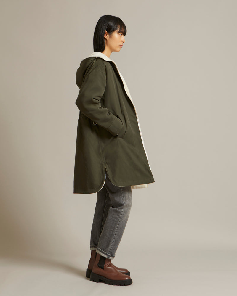 Reversible parka in water-repellent technical fabric and shearling - white/khaki - Yves Salomon