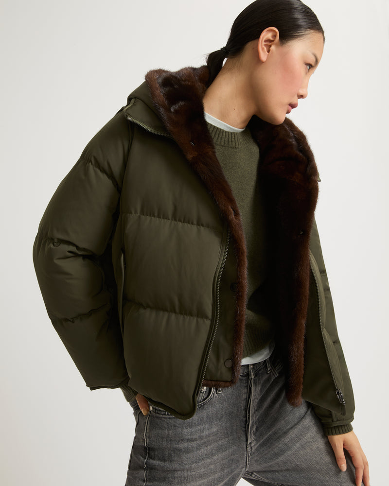 A line down jacket in technical fabric with long-haired mink hooded bib - khaki - Yves Salomon