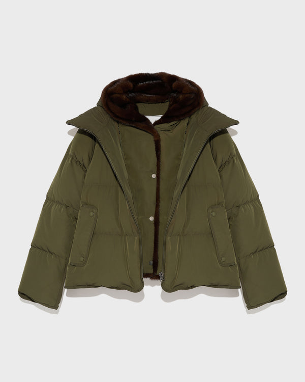 A line down jacket in technical fabric with long-haired mink hooded bib - khaki - Yves Salomon