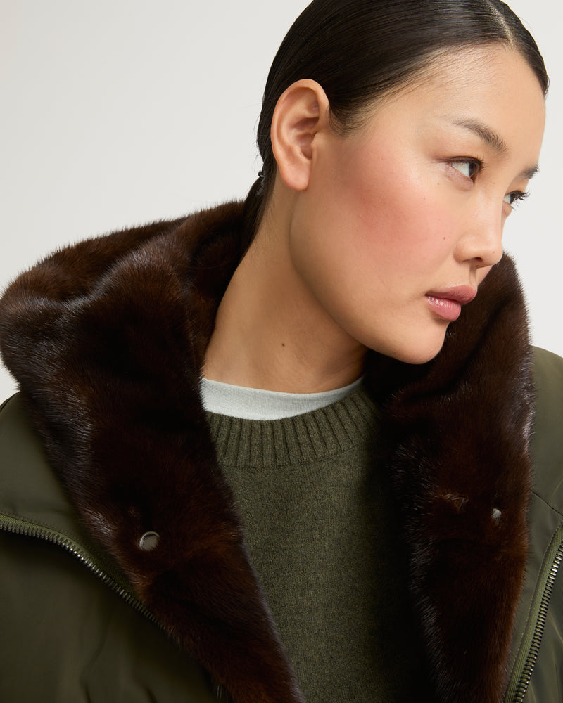 A line down jacket in technical fabric with long-haired mink hooded bib - khaki - Yves Salomon