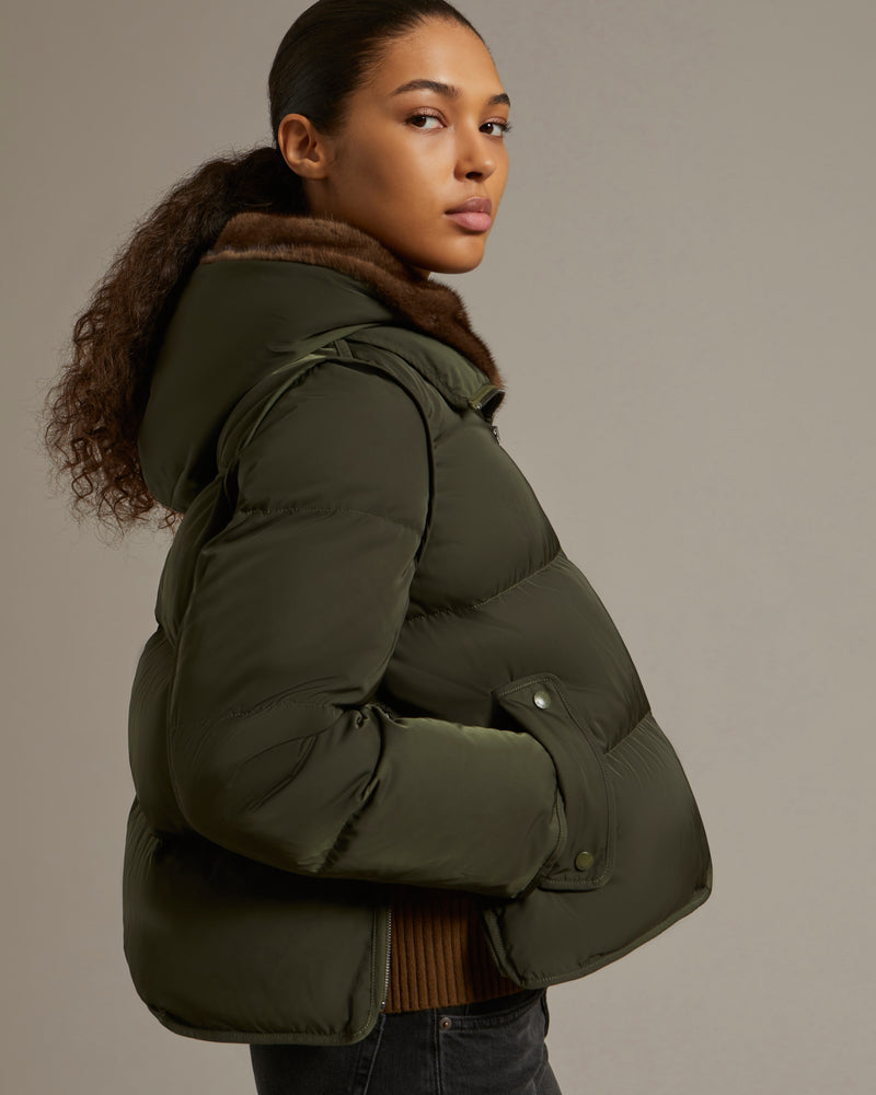 A line down jacket in technical fabric with long-haired mink hooded bib - khaki - Yves Salomon