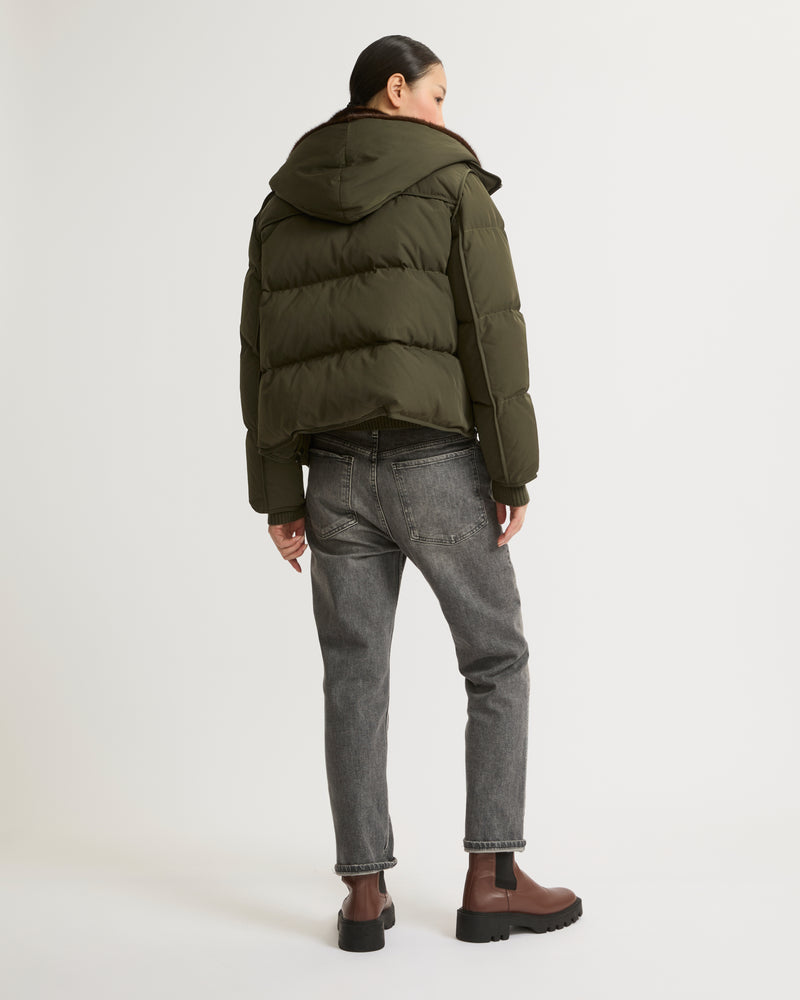 A line down jacket in technical fabric with long-haired mink hooded bib - khaki - Yves Salomon