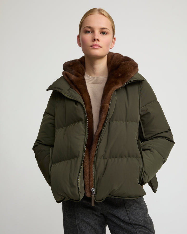 Iconic "A" line down jacke with mink fur hooded bib