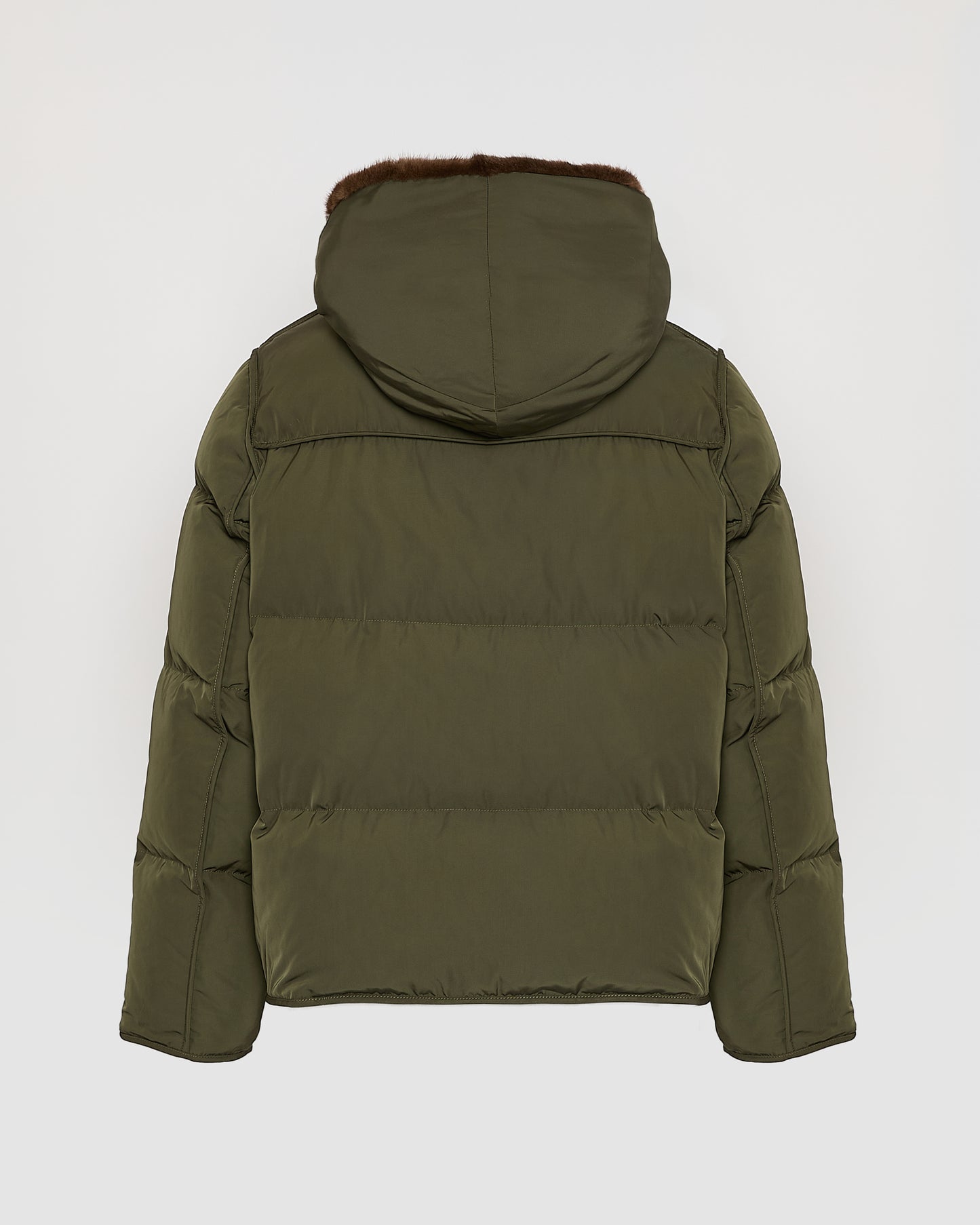 Iconic "A" line down jacke with mink fur hooded bib