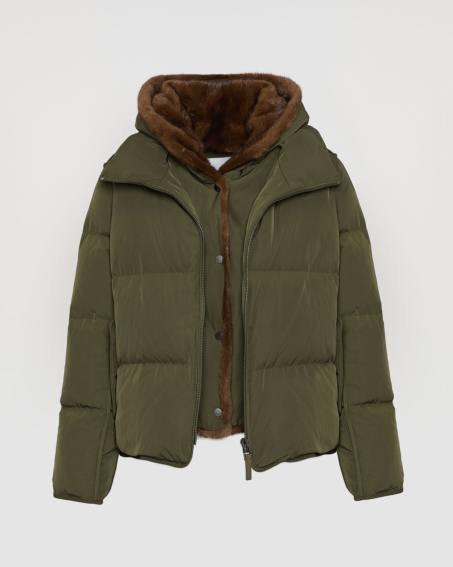 Iconic "A" line down jacke with mink fur hooded bib