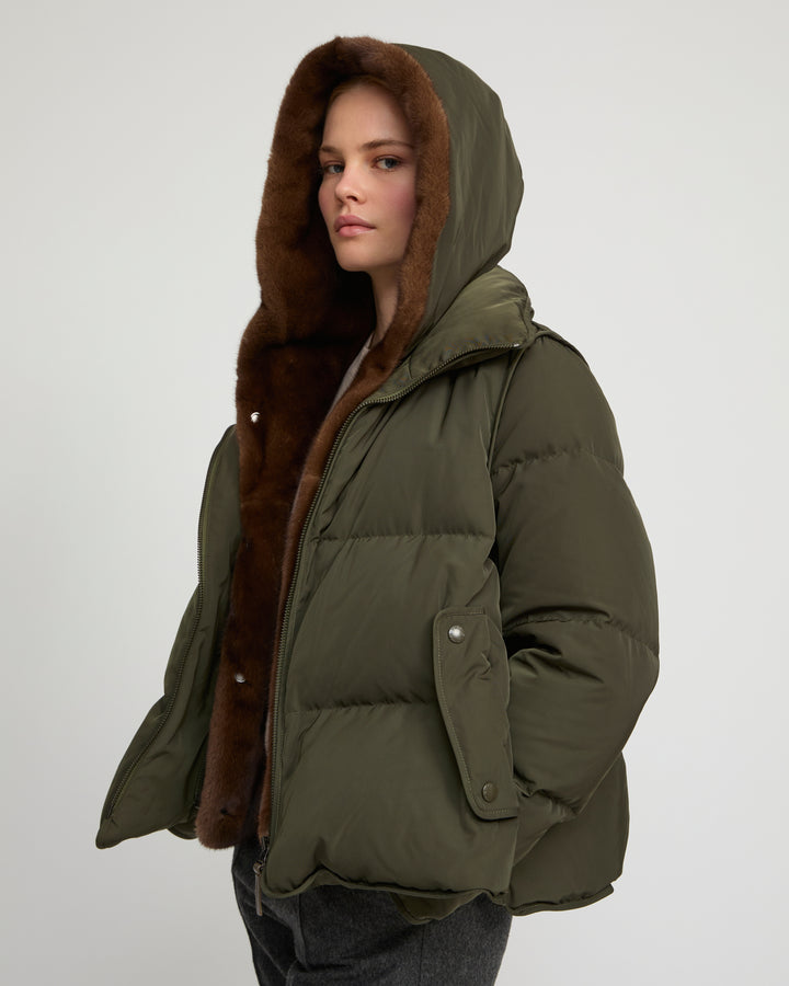 Iconic "A" line down jacke with mink fur hooded bib