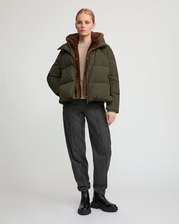 Iconic "A" line down jacke with mink fur hooded bib