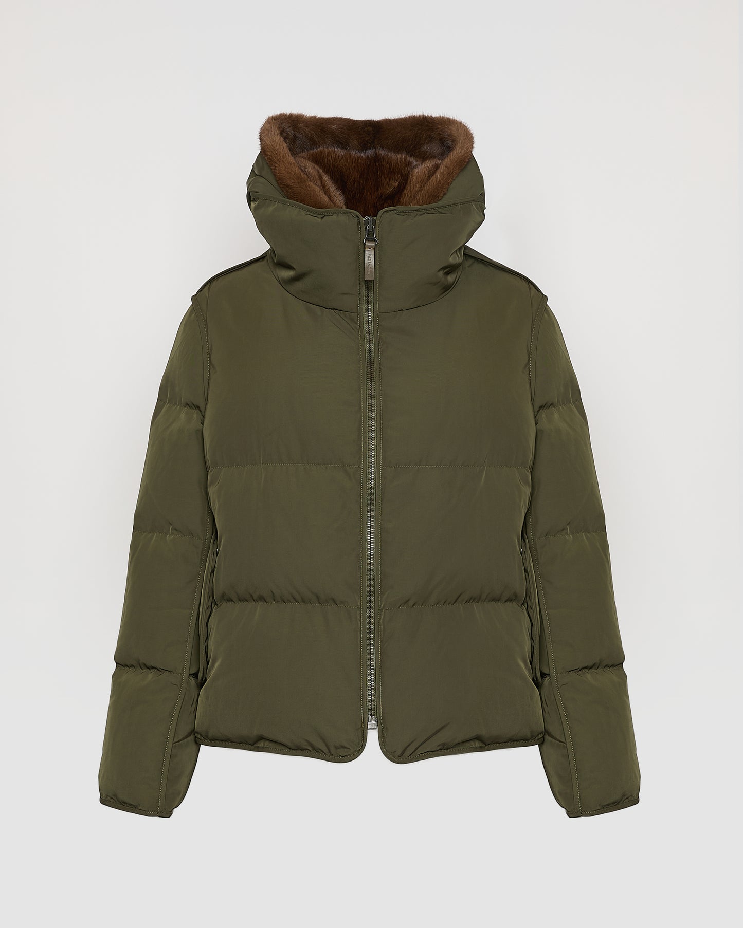 Iconic "A" line down jacke with mink fur hooded bib