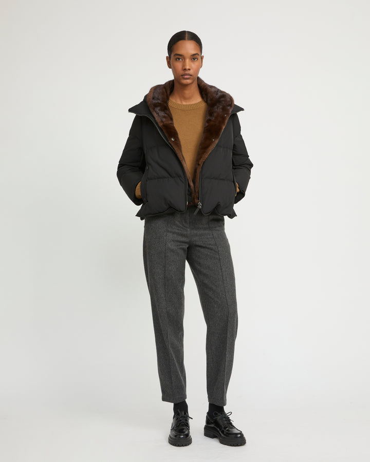 Iconic "A" line down jacke with mink fur hooded bib